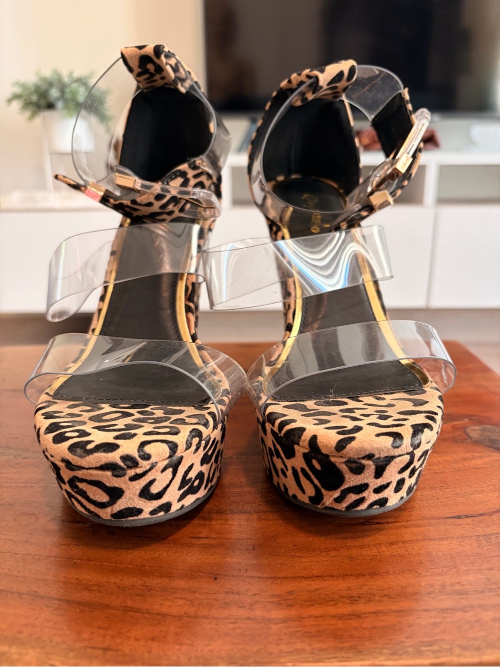 Qupid Leopard Platform Sandals with Clear Straps